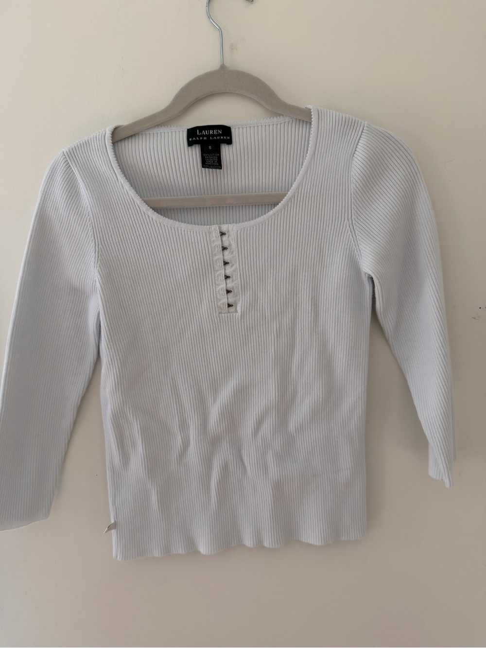Ralph Lauren White Ribbed Scoop-Neck Henley Long Sleeve Top